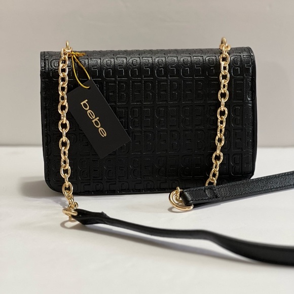 Bebe Womens shoulder strap bag Logo black Gold embossed celia Crossbody bag - Picture 6 of 13